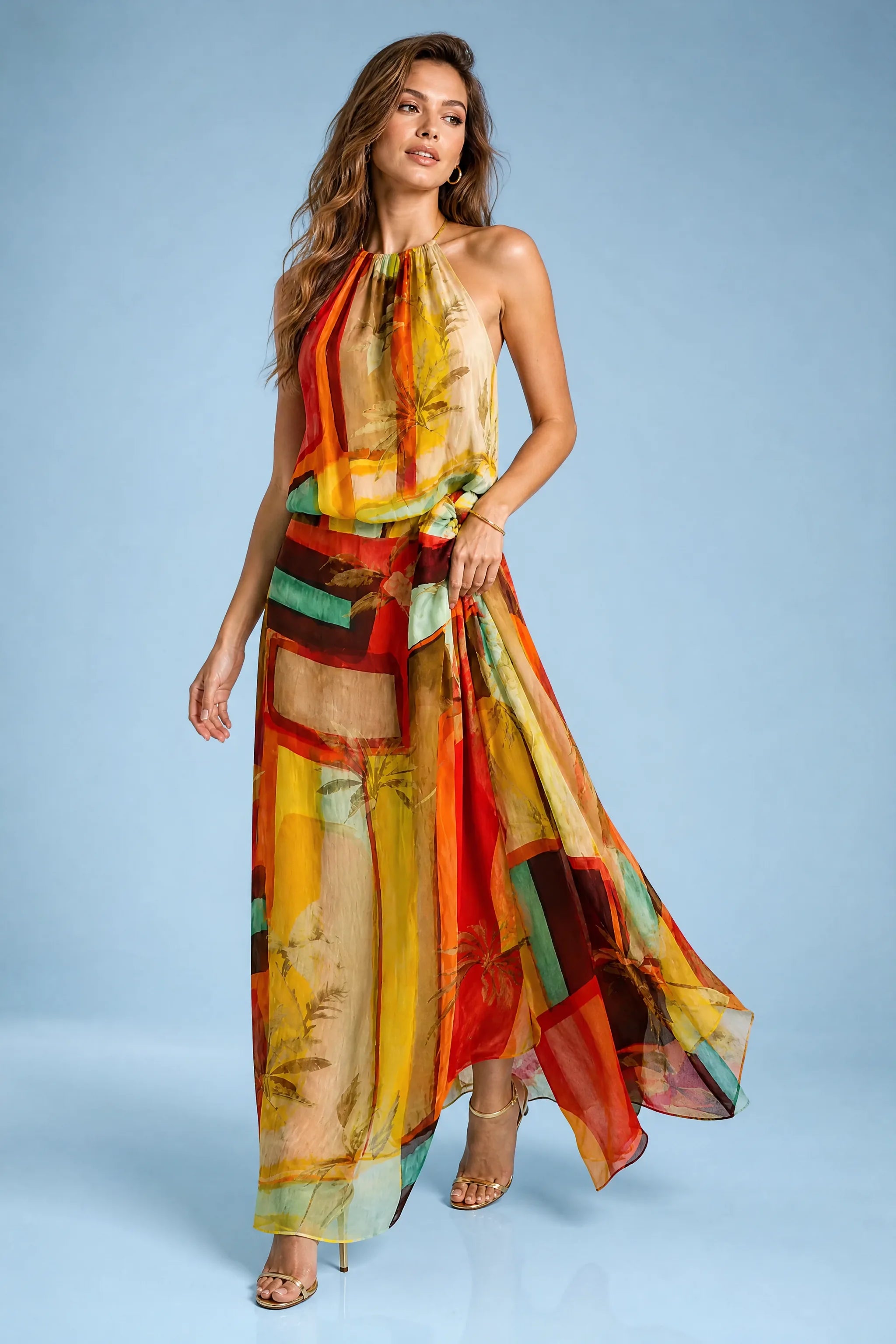 Robe longue orange col licou | Vue de face | Lounelle Paris