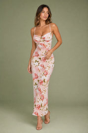 Robe longue rose imprimée dos nu | Vue de face | Lounelle Paris