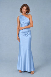 Robe longue satinée à une épaule | Variante Bleu | Lounelle Paris