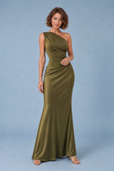 Vestido longo acetinado de um ombro