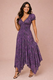 Robe longue smockée à imprimé floral | Variante Violet | Lounelle Paris