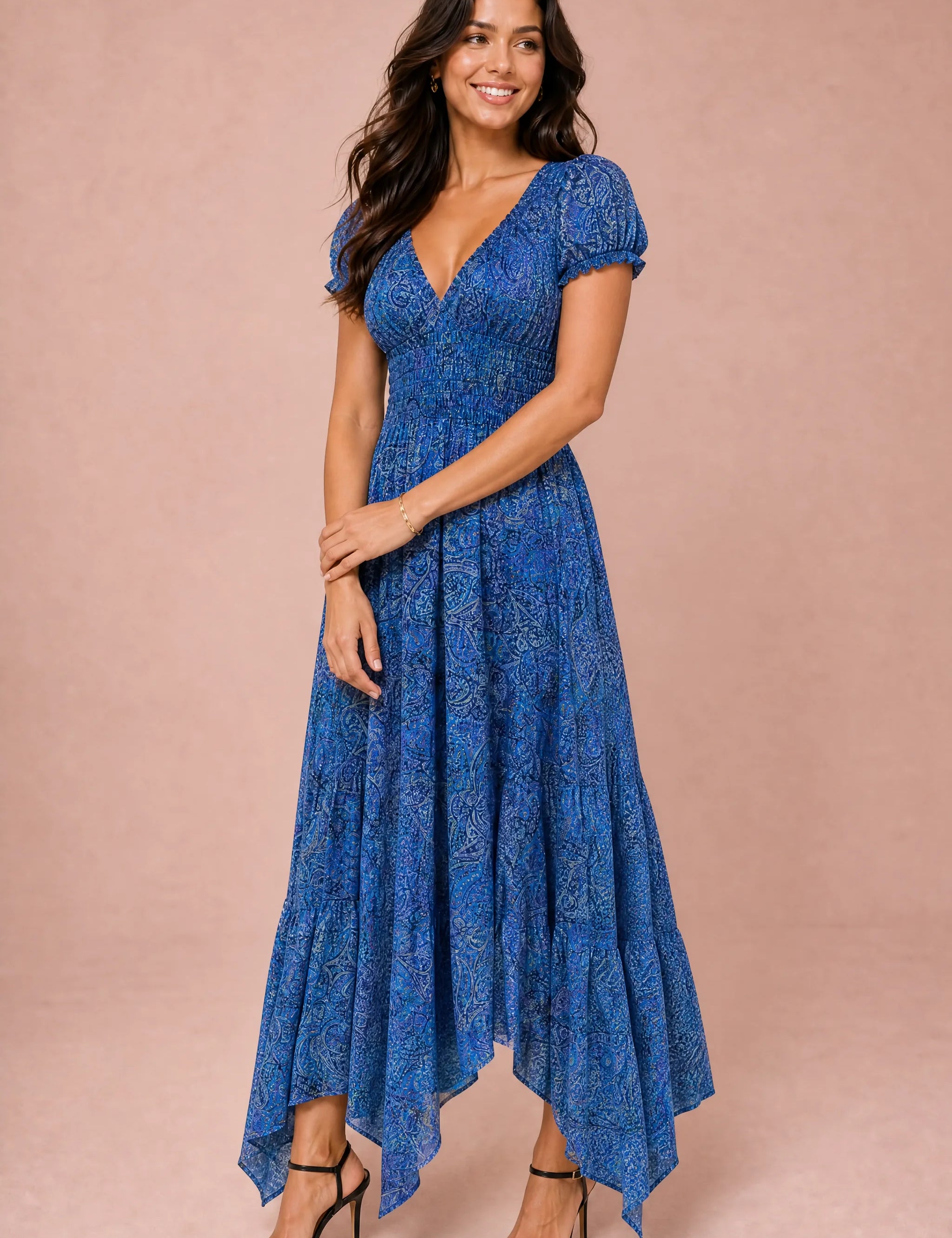 Robe longue smockée à imprimé floral | Variante Bleu | Lounelle Paris