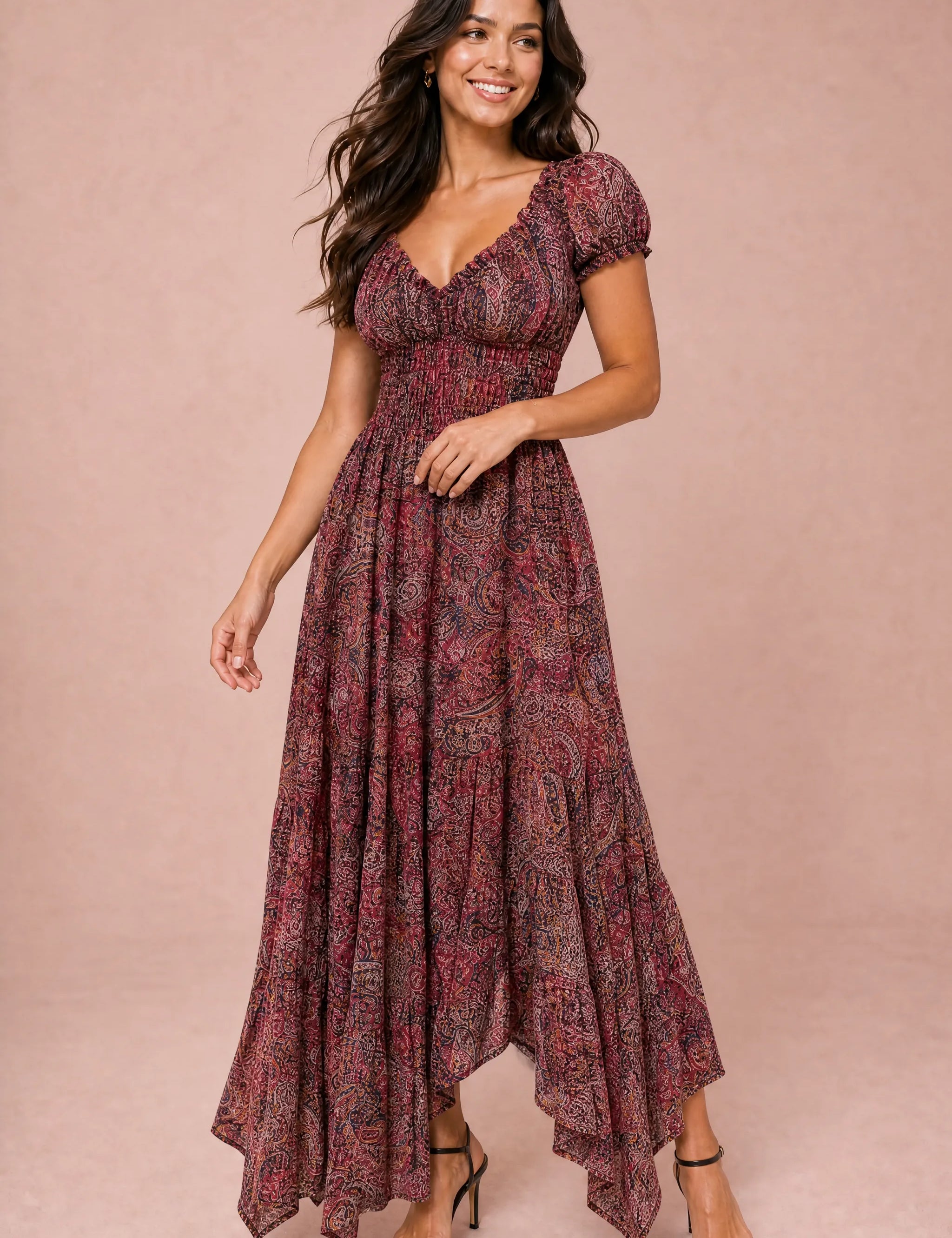 Robe longue smockée à imprimé floral | Variante Bordeaux | Lounelle Paris