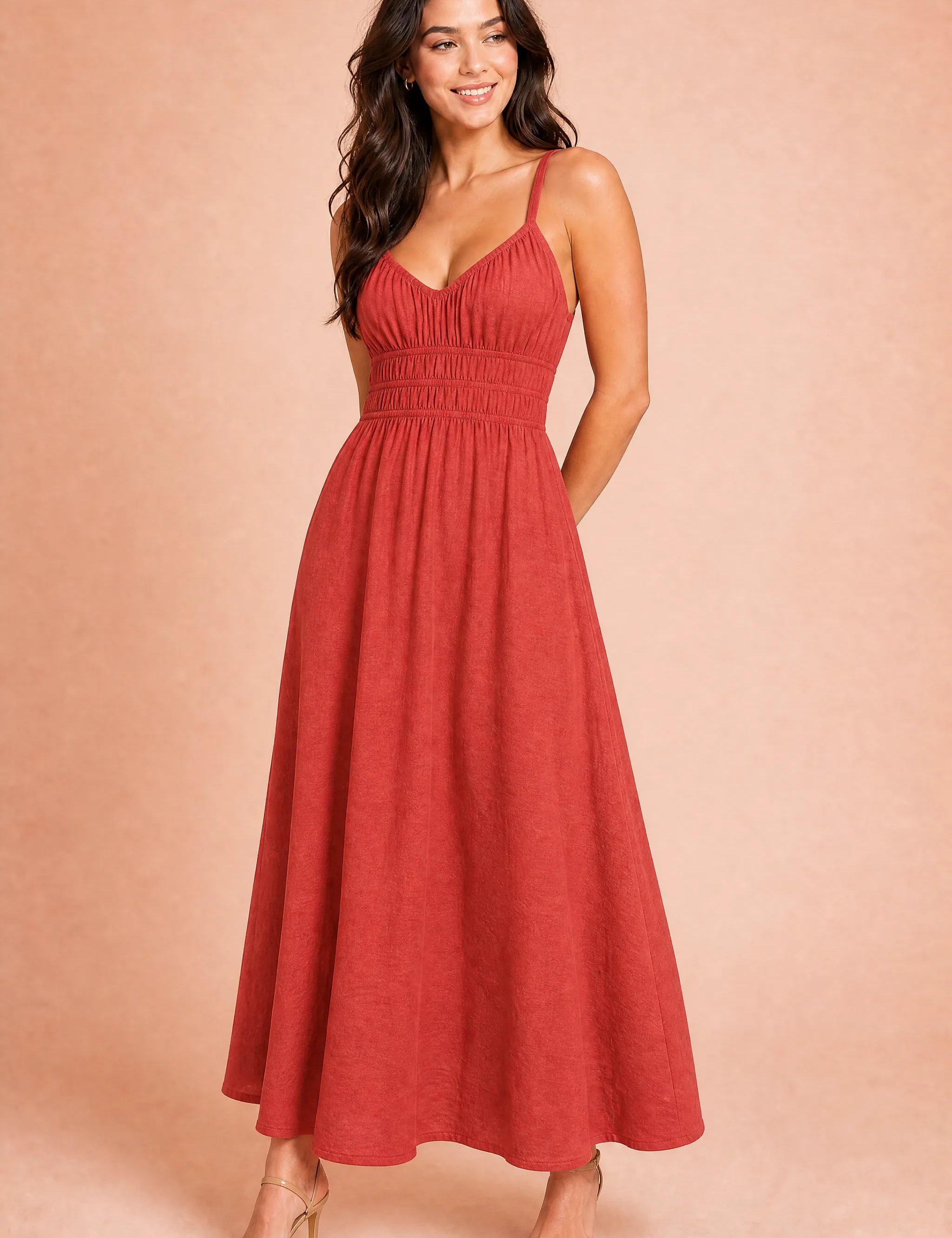 Robe longue smockée dos nu | Variante Rouge | Lounelle Paris
