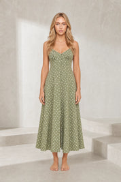 Robe longue verte à pois bretelles | Lounelle Paris