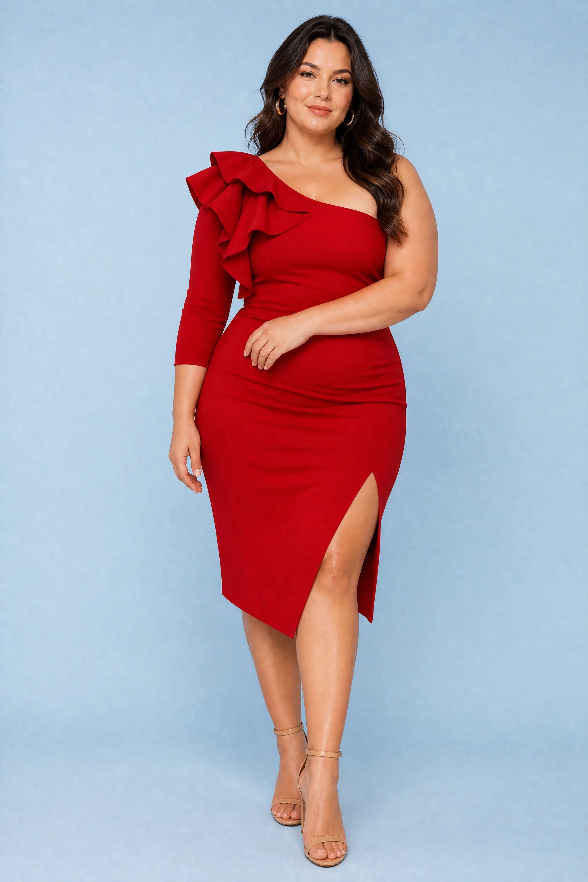 Robe midi asymétrique fendue | Porté sur une silhouette plus ronde | Lounelle Paris