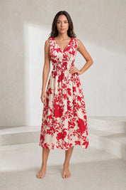 Robe midi rouge fleurie dos nu | Lounelle Paris