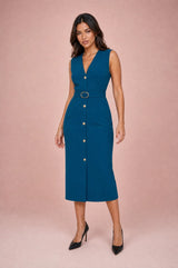 Vestido preto de decote em V com cinto
