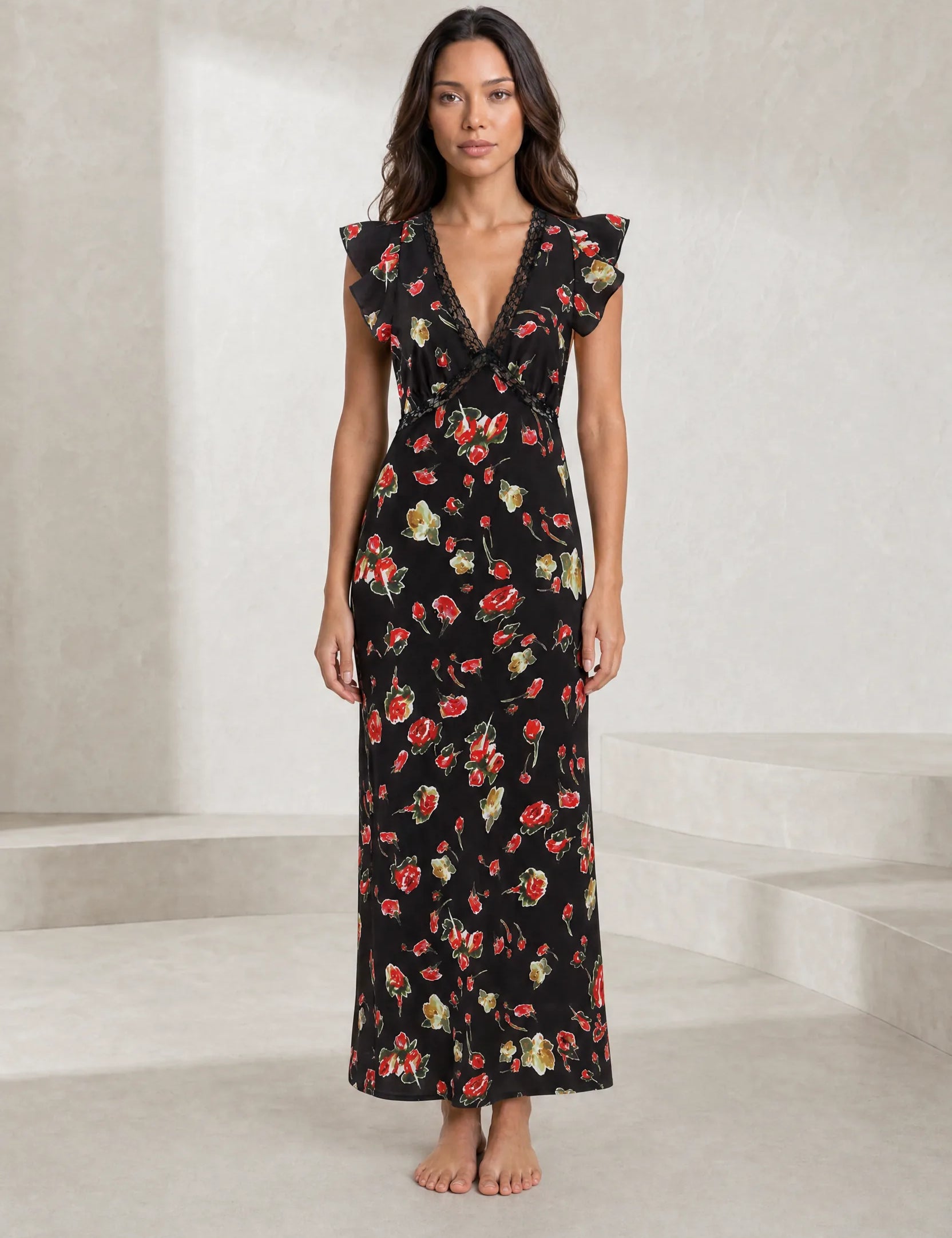 Robe noire florale à volants | Lounelle Paris