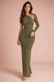 Robe olive asymétrique dos ouvert | Vue de face | Lounelle Paris