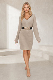 Robe pull beige col V dentelle | Lounelle Paris