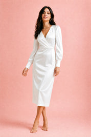Robe satinée à col V | Variante Blanc | Lounelle Paris