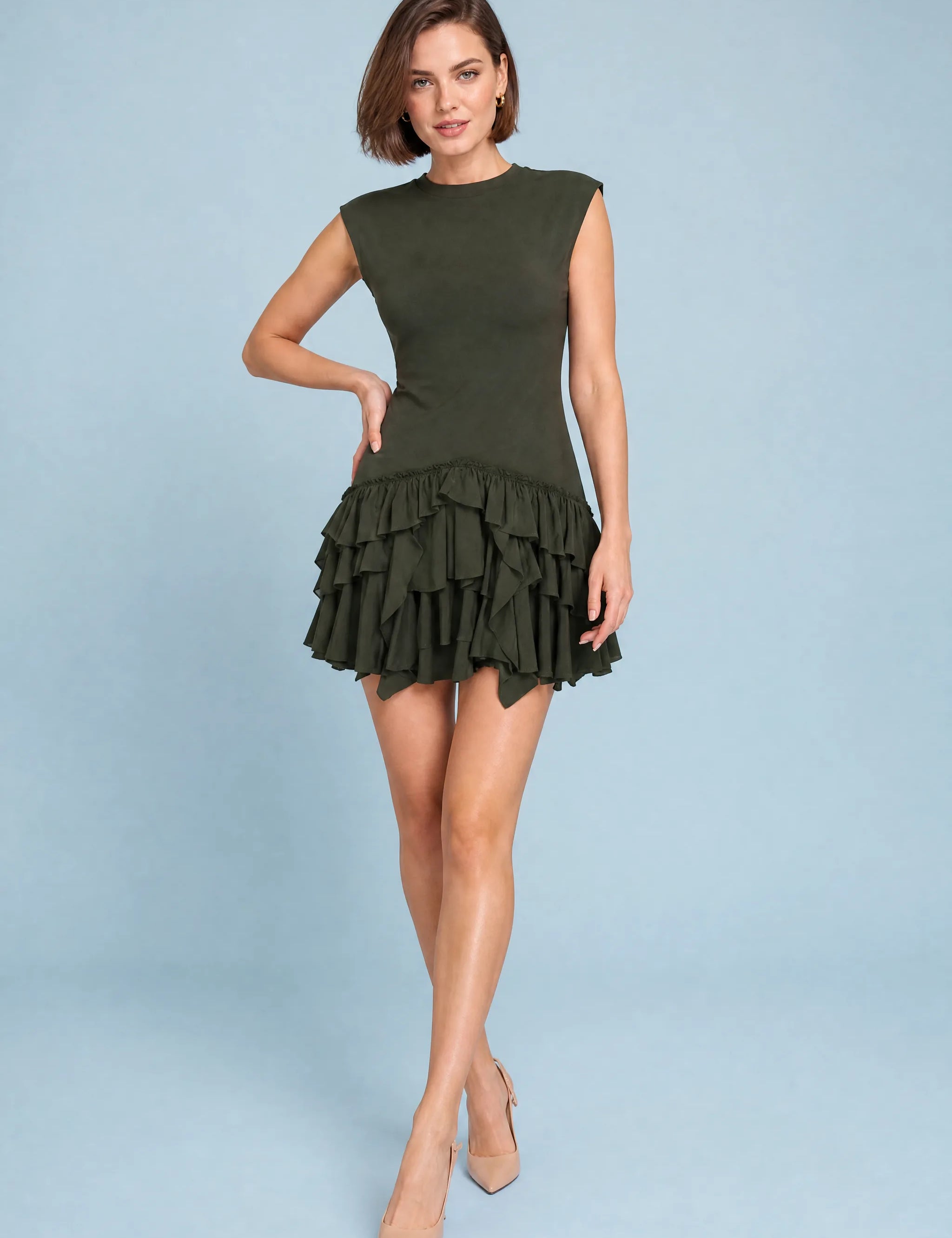 Robe vert foncé col montant à volants | Vue de face | Lounelle Paris