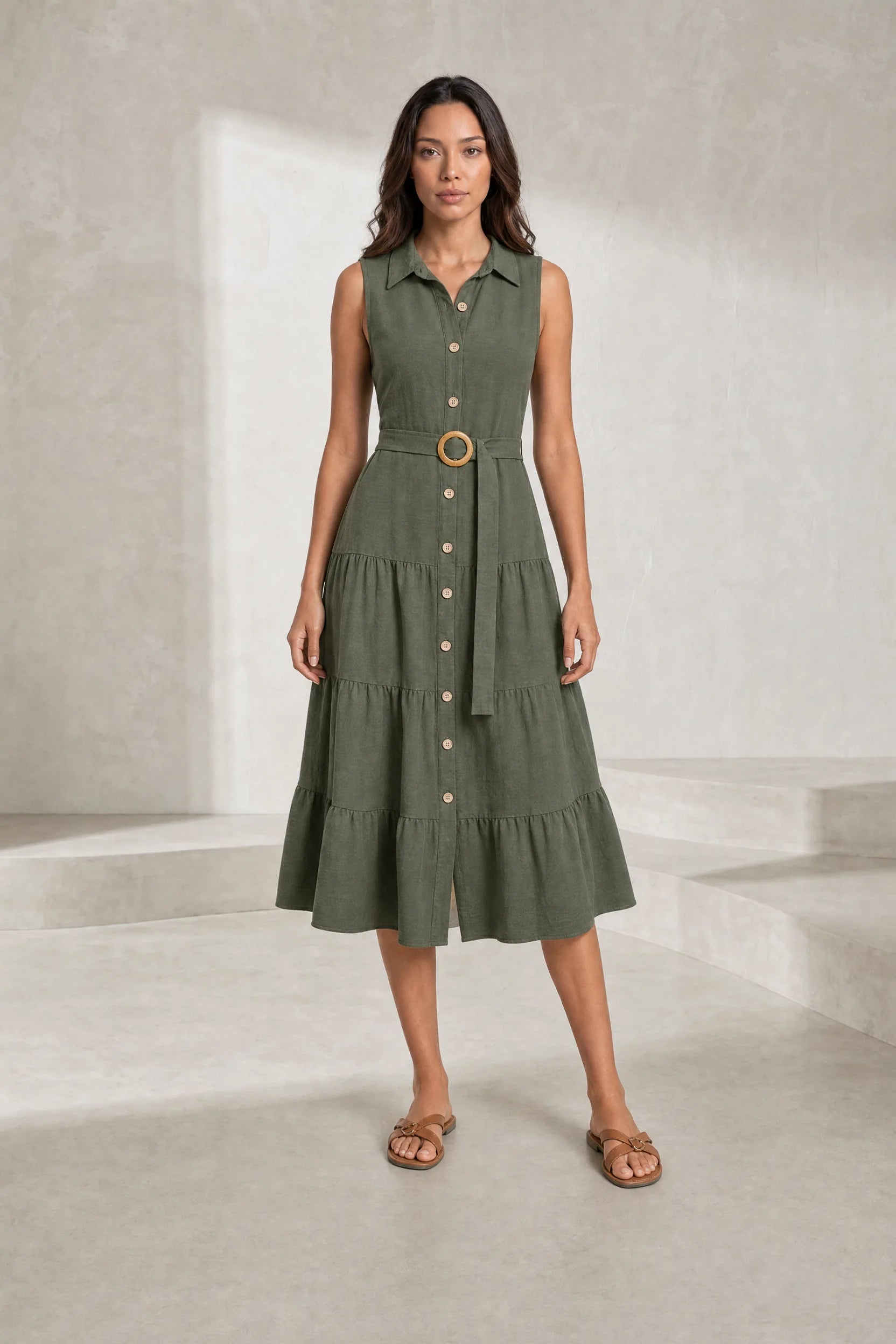 Robe vert militaire col chemise ceinturée | Lounelle Paris