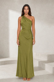 Robe vert olive asymétrique dos nu | Lounelle Paris