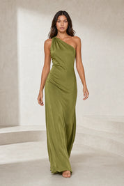 Robe vert olive asymétrique dos nu | Lounelle Paris