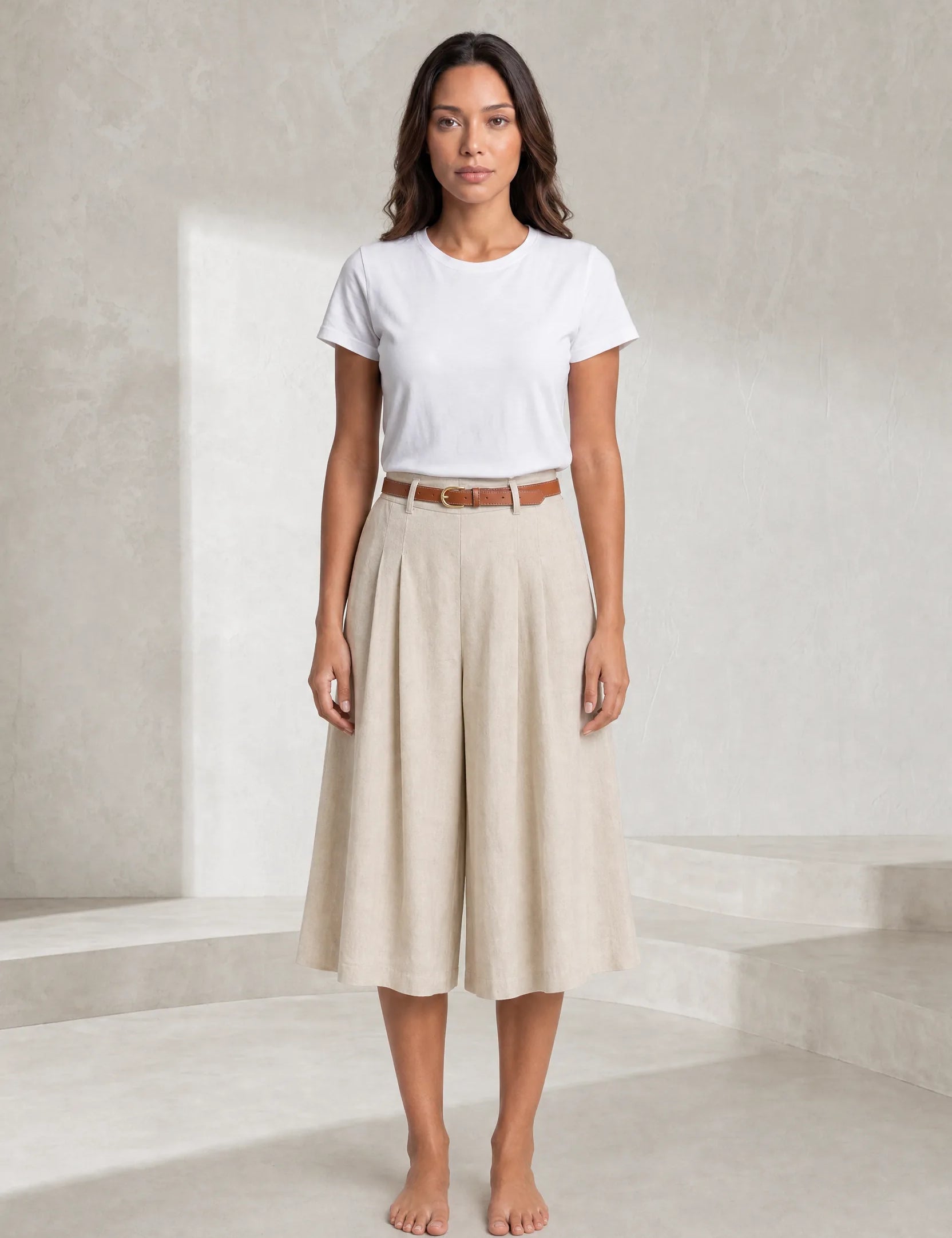 Short beige taille haute ceinturé | Lounelle Paris