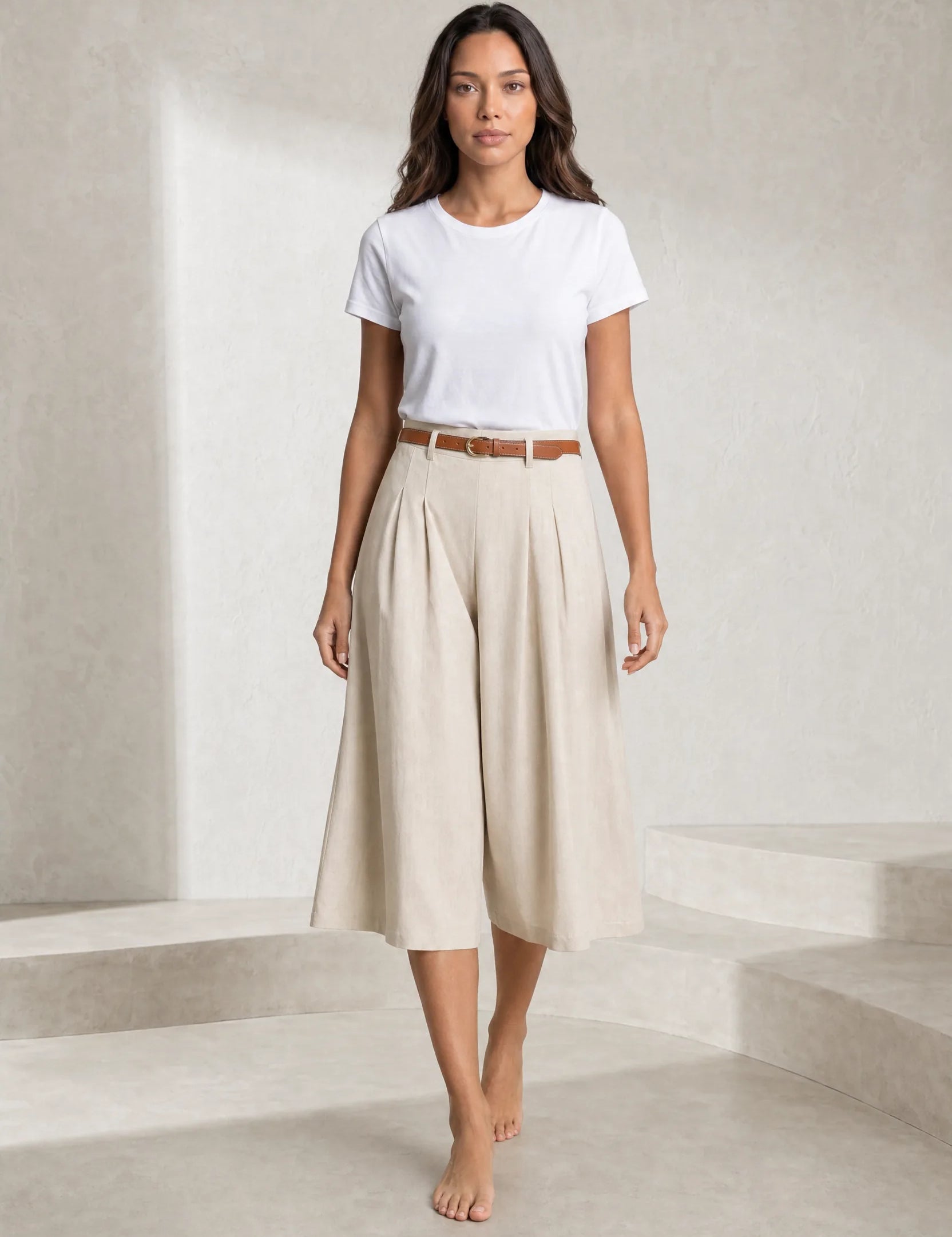 Short beige taille haute ceinturé | Lounelle Paris