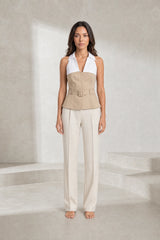 Top damasco com gola halter bicolor