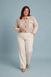Veste beige en velours pied-de-poule | Porté sur une silhouette plus ronde | Lounelle Paris