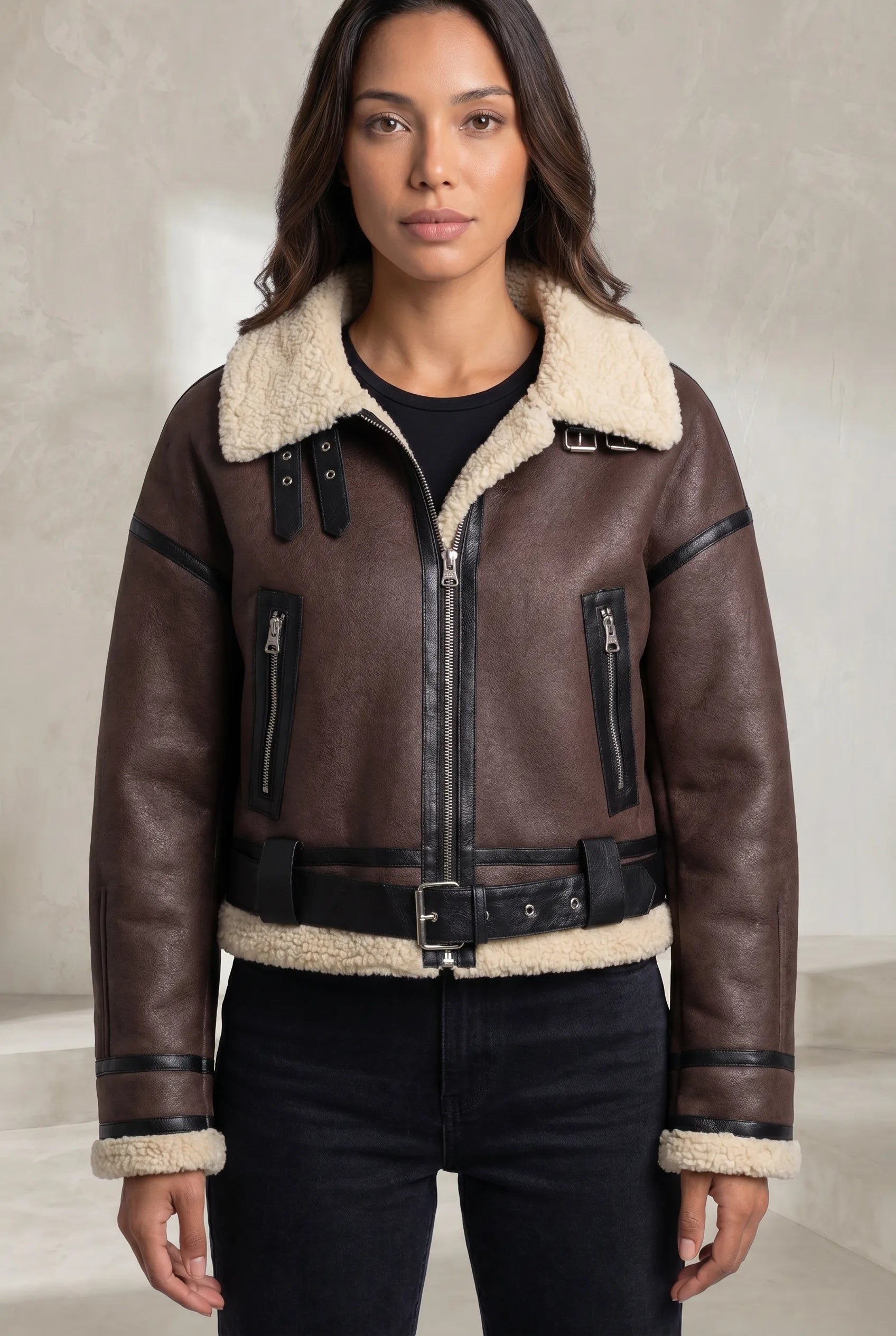 Veste courte effet moutonné à ceinture | Lounelle Paris