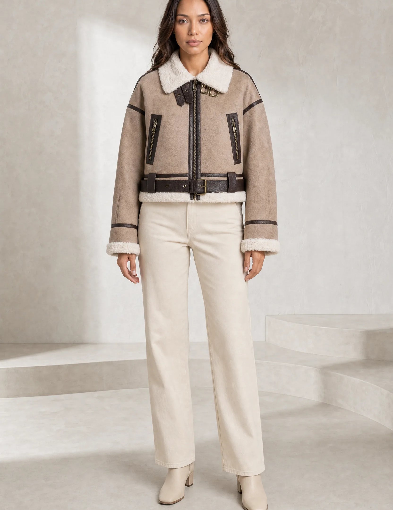 Veste courte effet moutonné à ceinture | Lounelle Paris