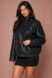 Veste en cuir ample col montant | Vue rapprochée | Lounelle Paris