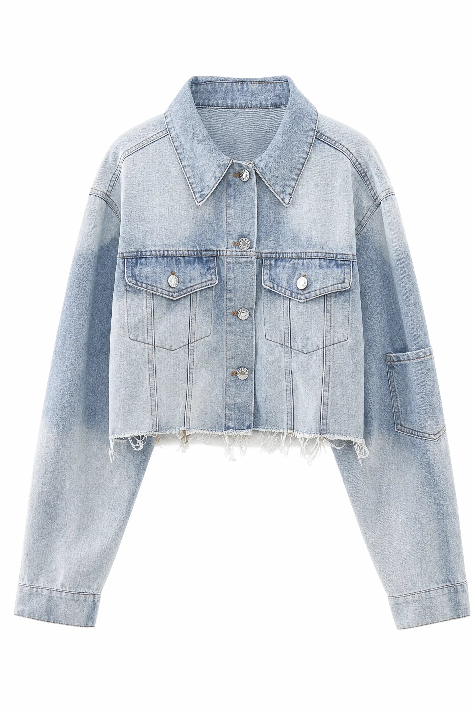 Veste en jean bleu clair courte effilochée | Lounelle Paris