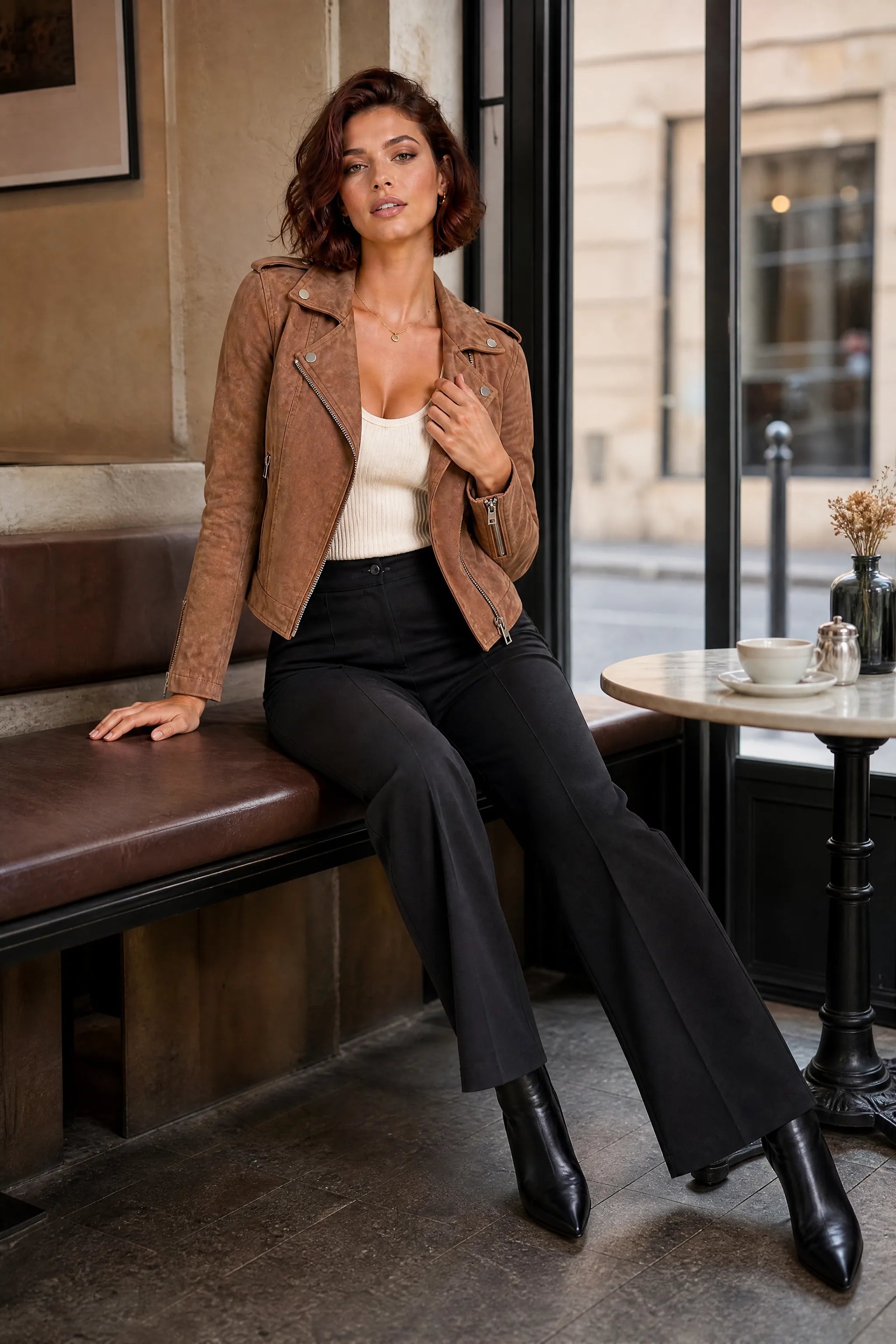 Veste motarde suéde zip asymétrique | Photo lifestyle | Lounelle Paris