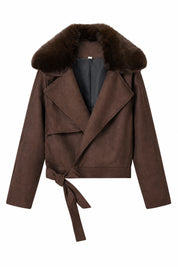 Veste suédine café col fourrure | Lounelle Paris